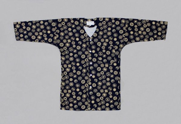 画像1: 鯉口シャツ：祭り、ユニフォームなどに最適な鯉口シャツ【紺系　家紋】 (1)